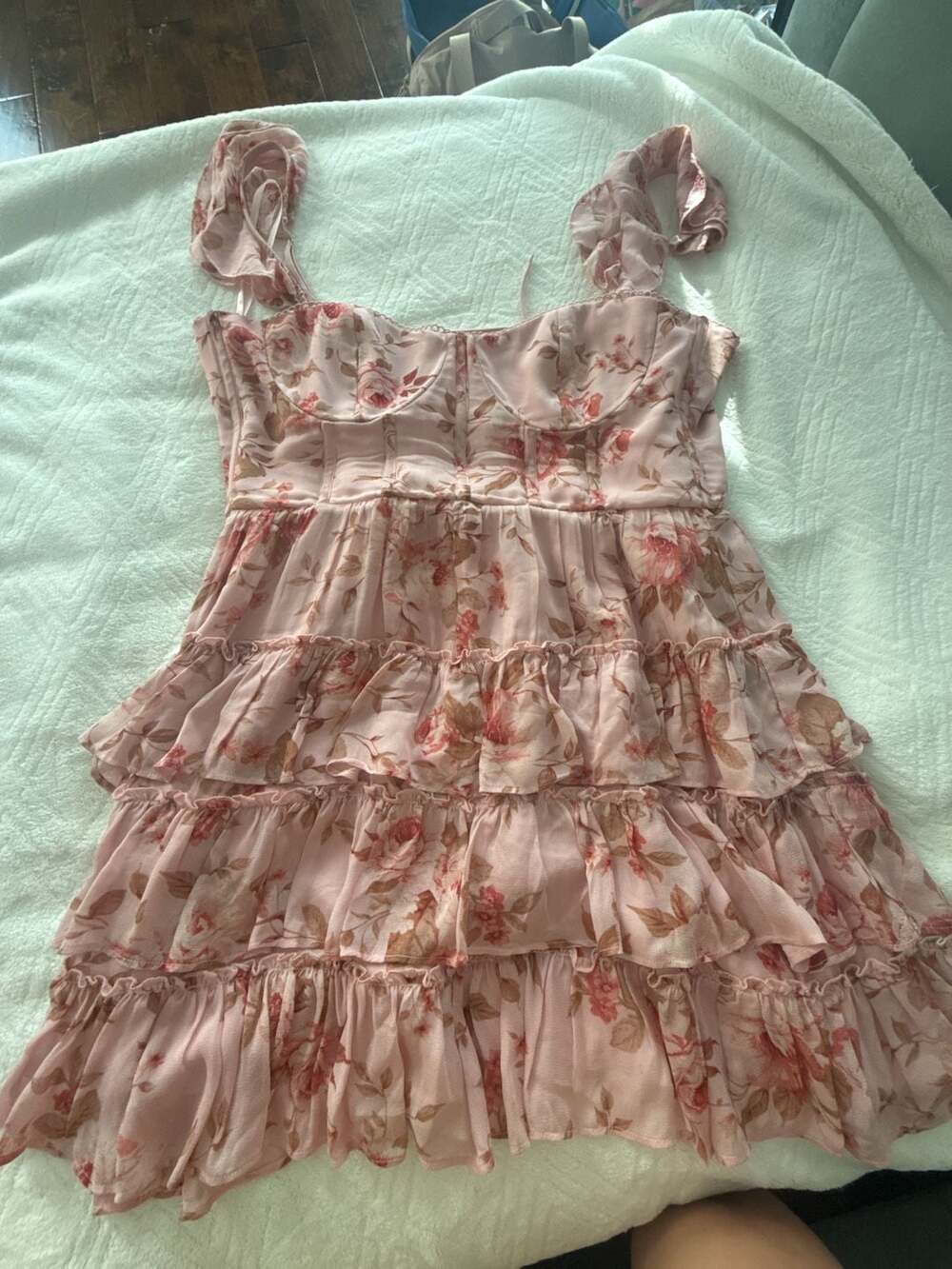 Altar'd State Pink Floral Tiered Bustier Dress with Ruffle Trim and Lace-Up Back